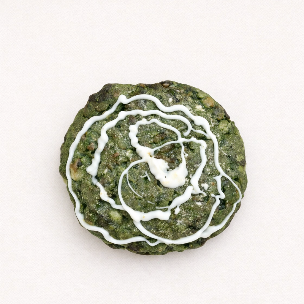 Dubai House Jade Eclipse matcha kunafa cookie whole, showing deep green dough with spiral white chocolate drizzle on neutral background