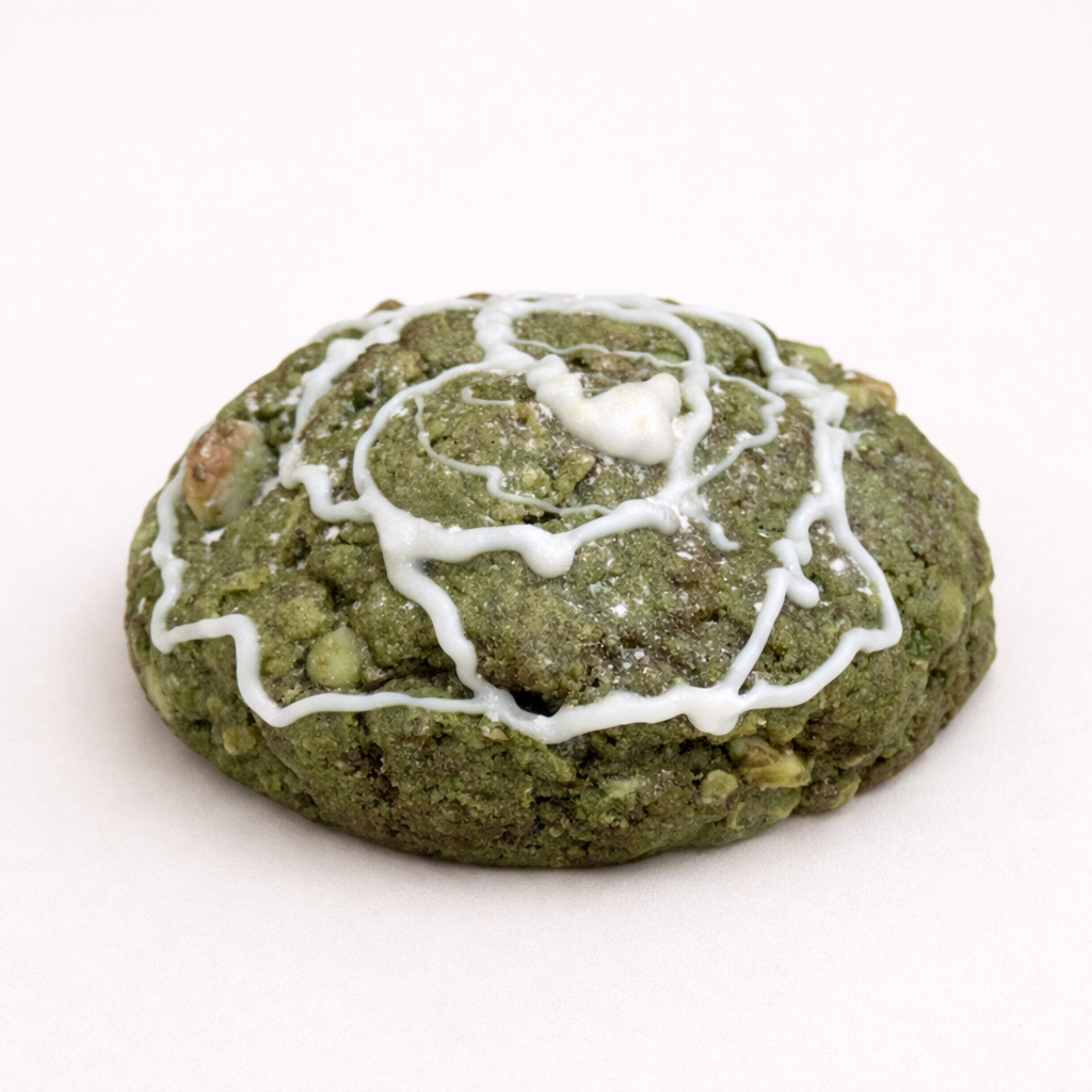 Top- side view of Jade Eclipse cookie by Dubai House showing full rose-spiral white chocolate drizzle pattern on matcha coconut dough