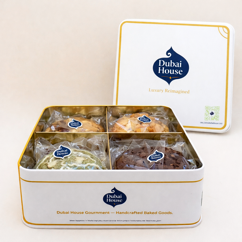Dubai House Heritage Edition white gift tin, top angle view showing the navy Dubai House logo and Luxury Reimagined tagline in gold on white lid with decorative gold border — premium halal cookie tin gift set