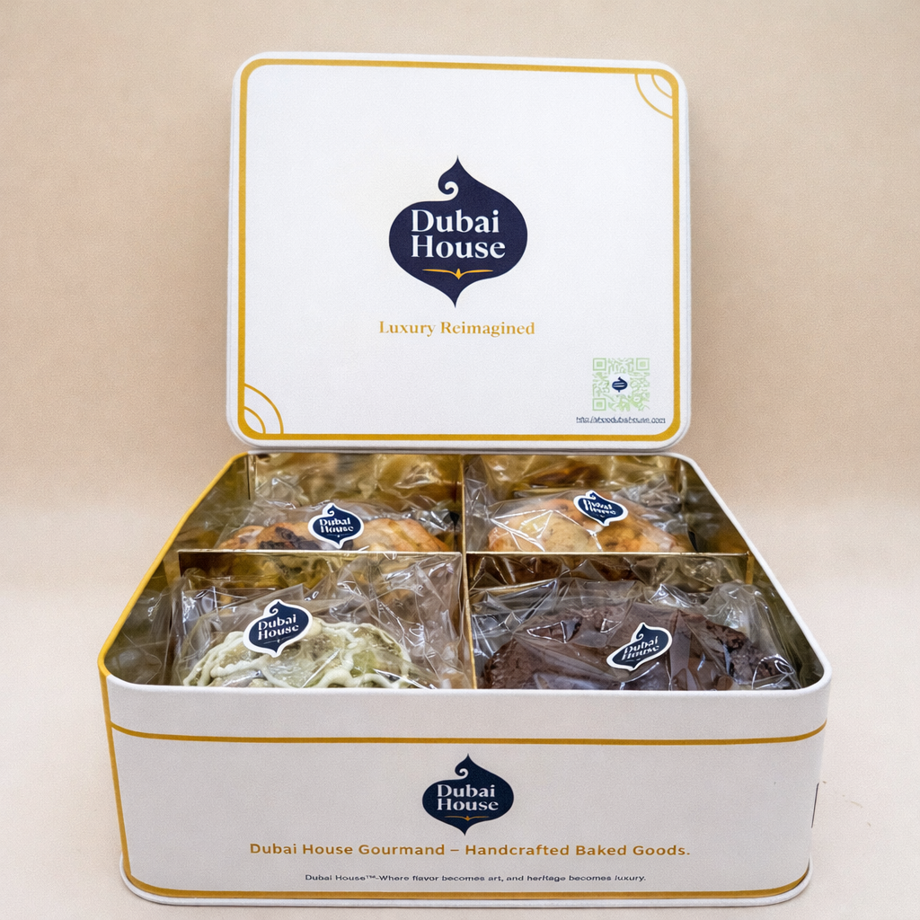 The Heritage Edition by Dubai House — open white and gold tin with lid upright, showing four individually wrapped artisan kunafa cookies including the Baker's Special, Golden Mirage, Desert Jewel, and Arabian Noir
