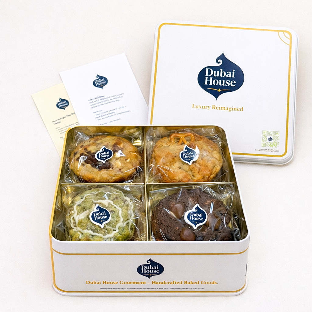 Dubai House Heritage Edition open tin with four artisan cookies in gold-lined quadrants, two branded insert cards fanned out showing cookie care and brand story, lid leaning behind on white background