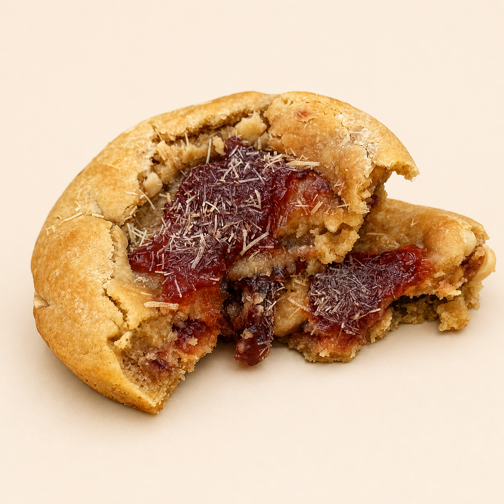 The Reunion cookie broken open showing peanut butter, grape jelly and kunafa filling