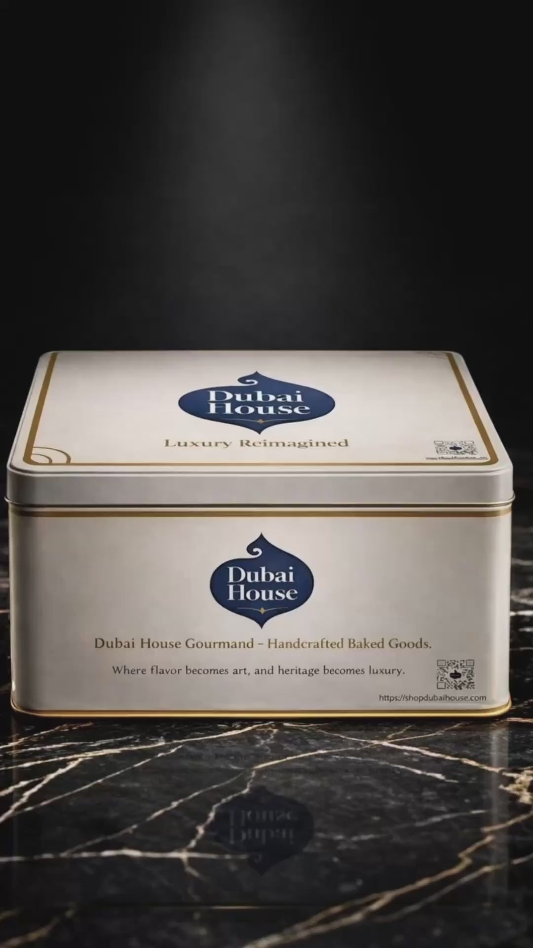 A cinematic unboxing of The Heritage Edition — Dubai House's collectible gold tin containing eight handcrafted cookies across six flavors. Watch the iconic pistachio-kataifi filling pull apart in slow motion.