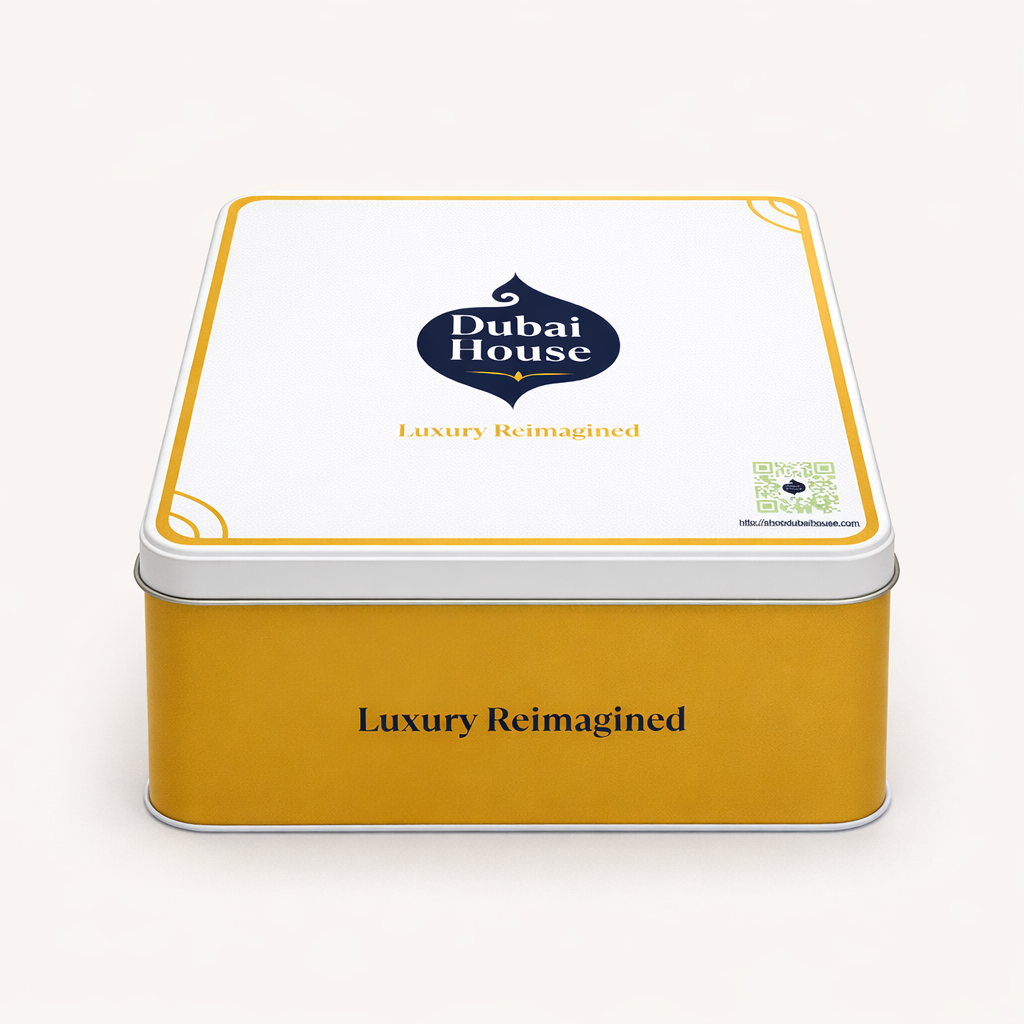 Dubai House Heritage Edition closed tin showing bold gold side panel with Luxury Reimagined text in navy, white lid with Dubai House logo visible on top, clean white background — luxury cookie gift box