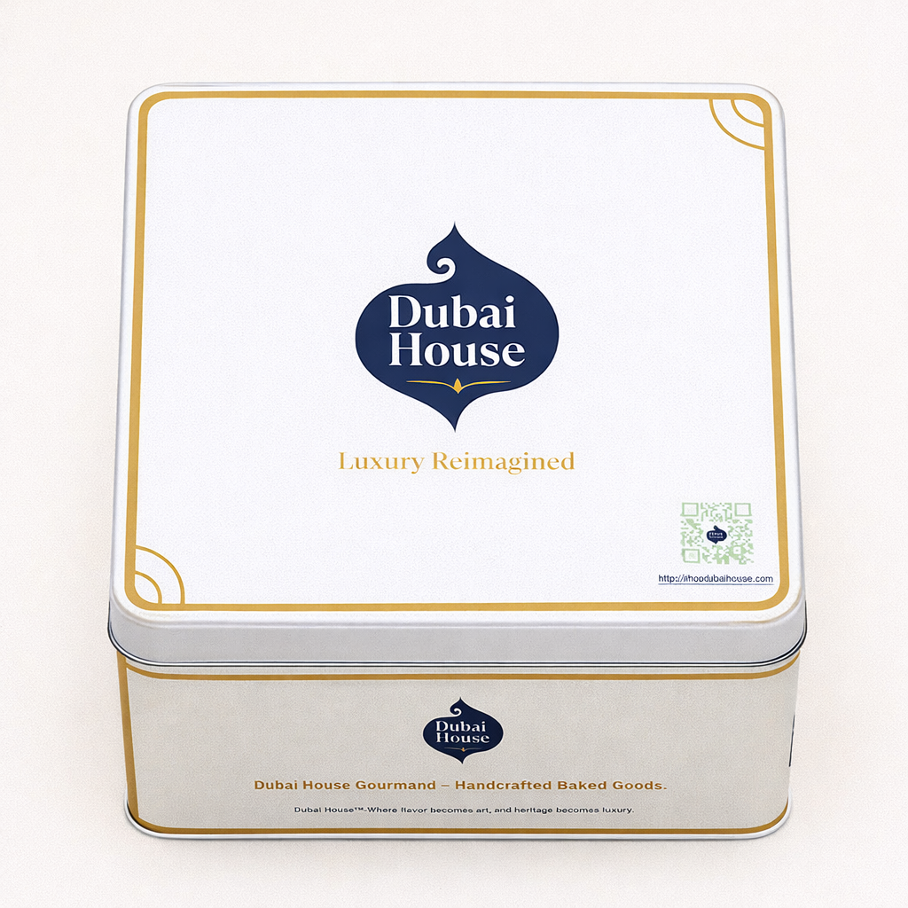 Inside the Dubai House Heritage Edition tin — four individually wrapped halal cookies in gold-lined compartments including the green Baker's Special, chocolate chip, Biscoff, and double chocolate kunafa cookies, lid resting beside on cream background